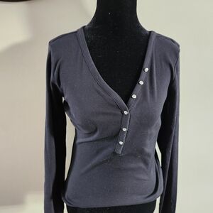 Guess Women's Charcoal Buttoned V-Neck Top